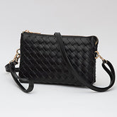 FAUX LEATHER WOVEN FLAP ENVELOPE CROSSBODY BAG